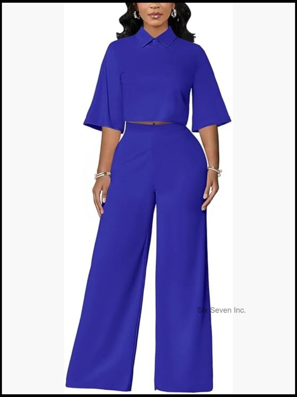 2 Piece Pant Sets for Women Dressy 3/4 Sleeve Lapel Neck Top Wide Leg Pantsuits